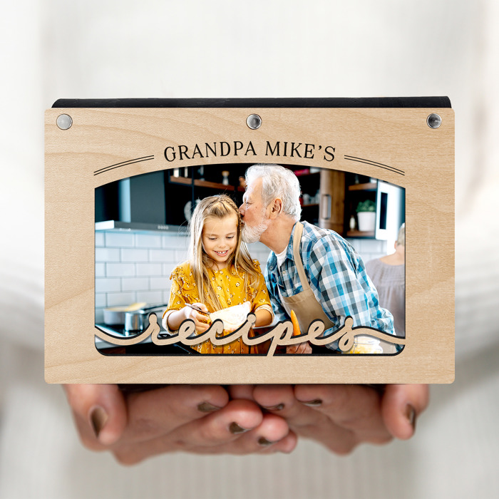 Personalized Wood Recipe Book with Photo Sleeve, Arc Design