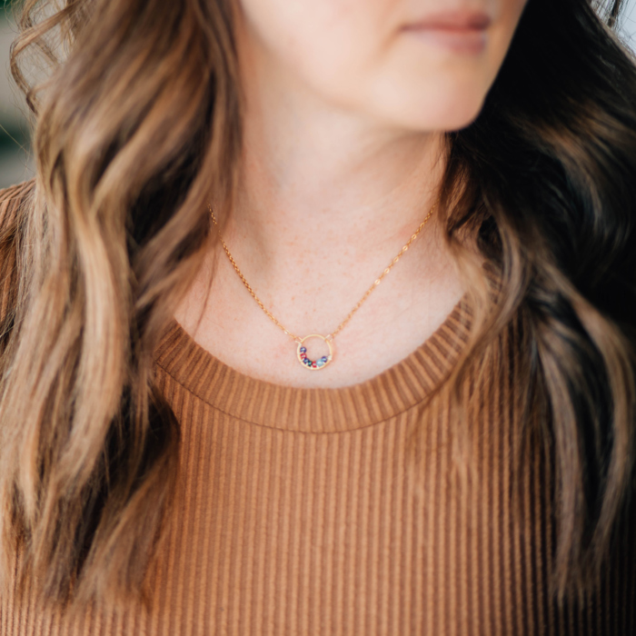 Family Circle Necklace – Handcrafted Stainless Steel Pendant with Wire Wrapped Birthstone Seed Beads, Gold or Silver