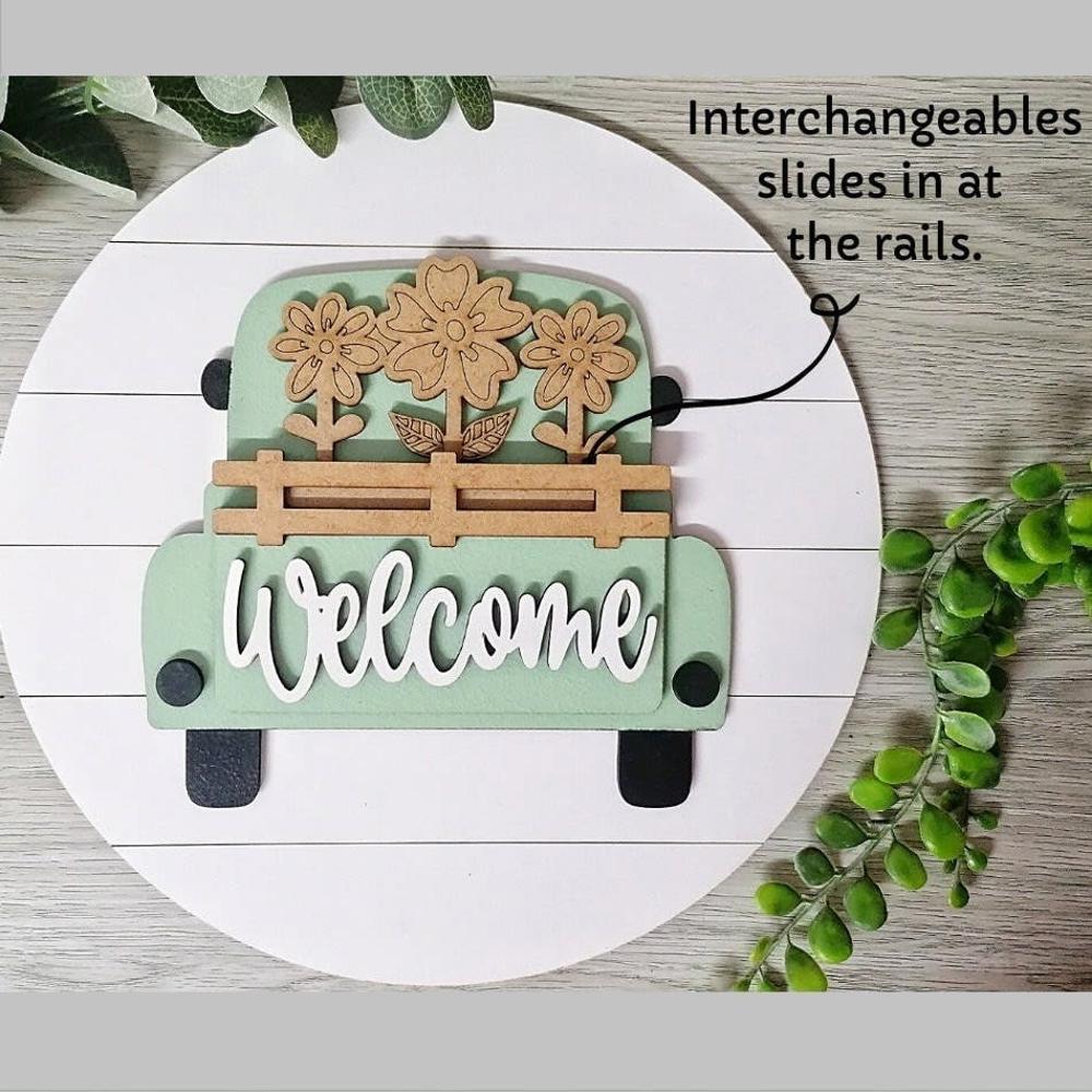 Interchangeable Vintage Truck Welcome Sign - Seasonal Decor, Holiday Crafts - Rustic Home Entryway Accent