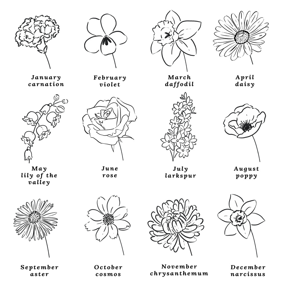 Birth Flower Bouquet Sketched Unframed Print | Up to 6 Flowers