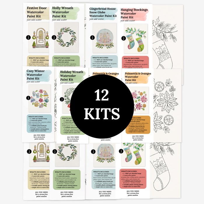 You Pick Winter Holiday Watercolor Kits 11 Options | Pre-Sketched Christmas Art Sets