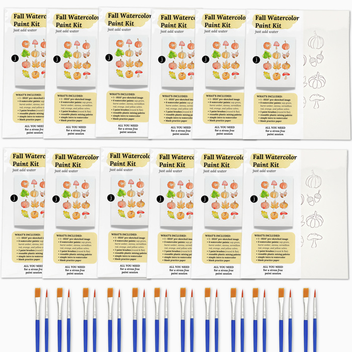 Fall Themed DIY Paint Kit | 8X10" Pre Sketched Image Brush Paints Mixing Palette, Just Add Water | Single, Couples, Group Packs for a Fun Paint Party