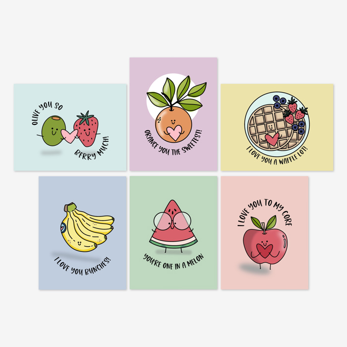 12 Pk Punny Valentines Cards + Envelopes - Blank Love Notes for Foodies, Lovers, & Friends