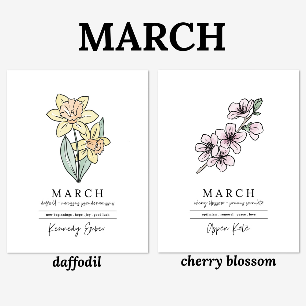 Personalized Name Birth Flower Print | Unframed Art Hand Illustrated Florals