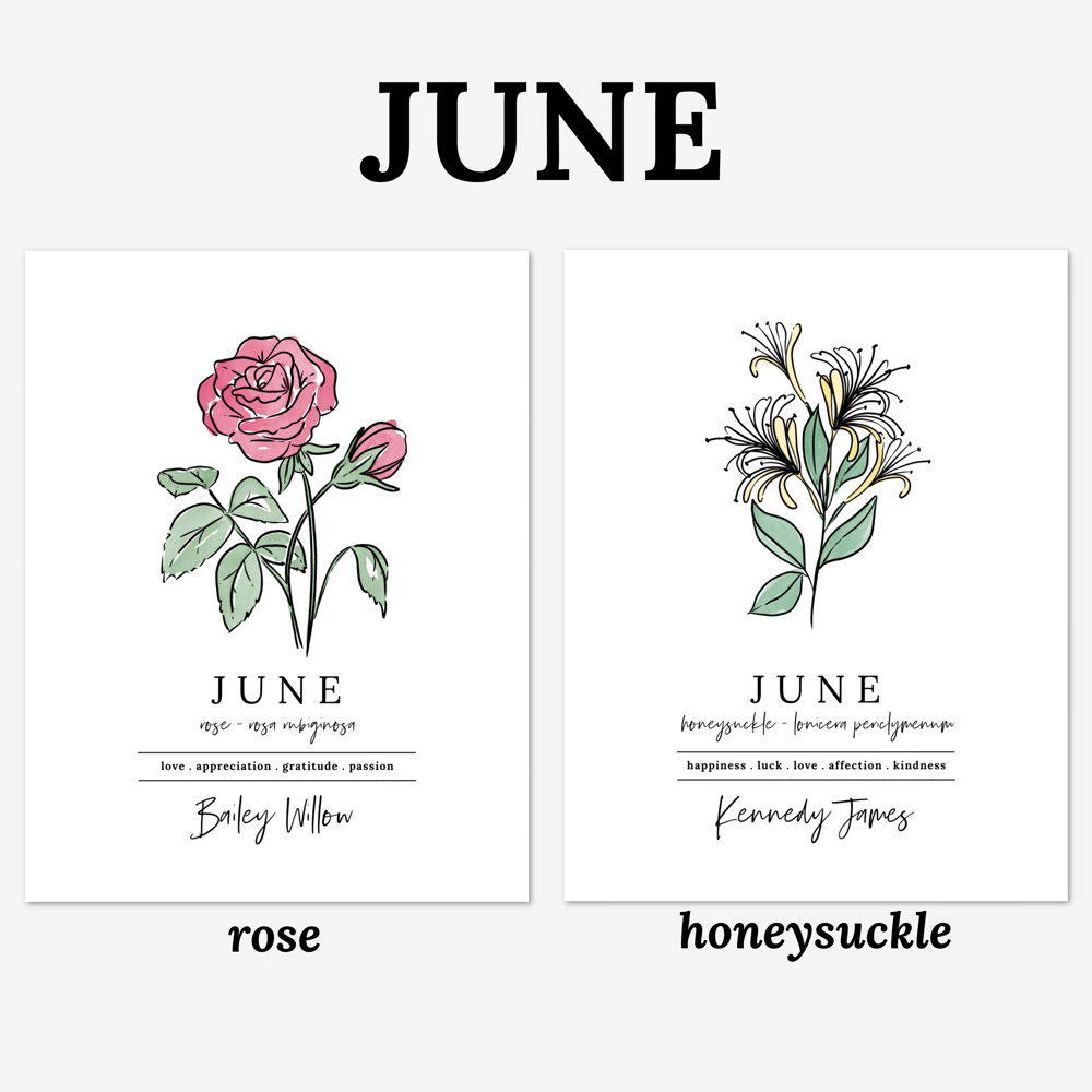 Personalized Name Birth Flower Print | Unframed Art Hand Illustrated Florals