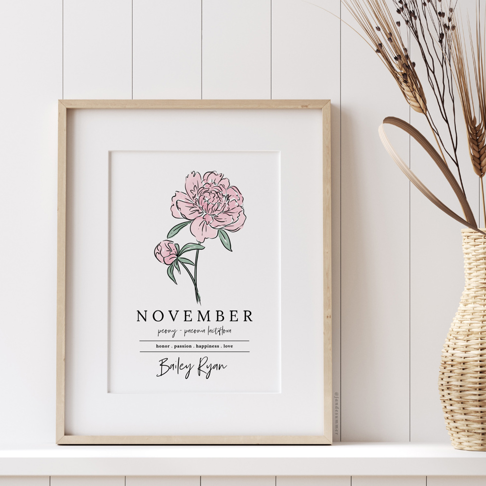 Personalized Name Birth Flower Print | Unframed Art Hand Illustrated Florals