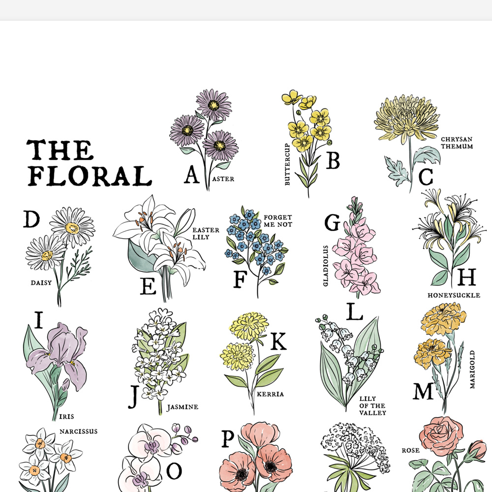 Floral Alphabet Art Print | Unframed Illustrated Wall Decor