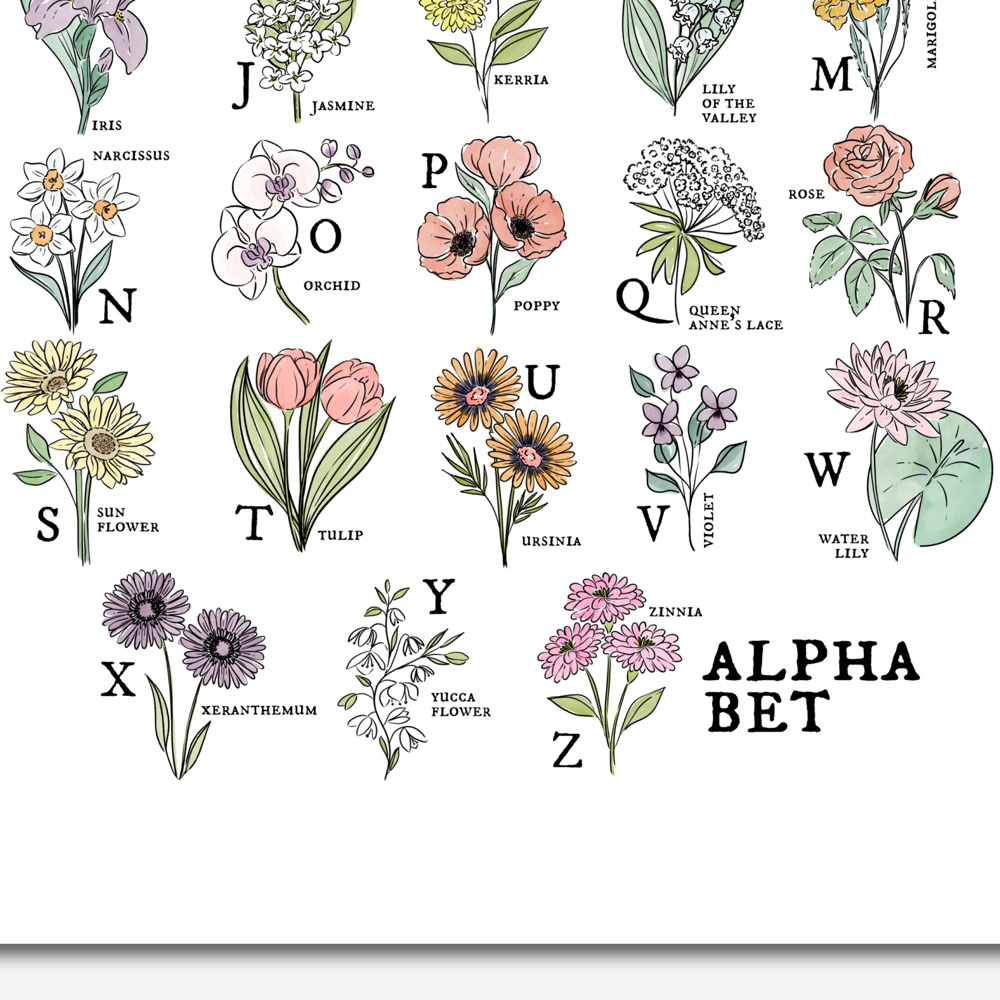 Floral Alphabet Art Print | Unframed Illustrated Wall Decor