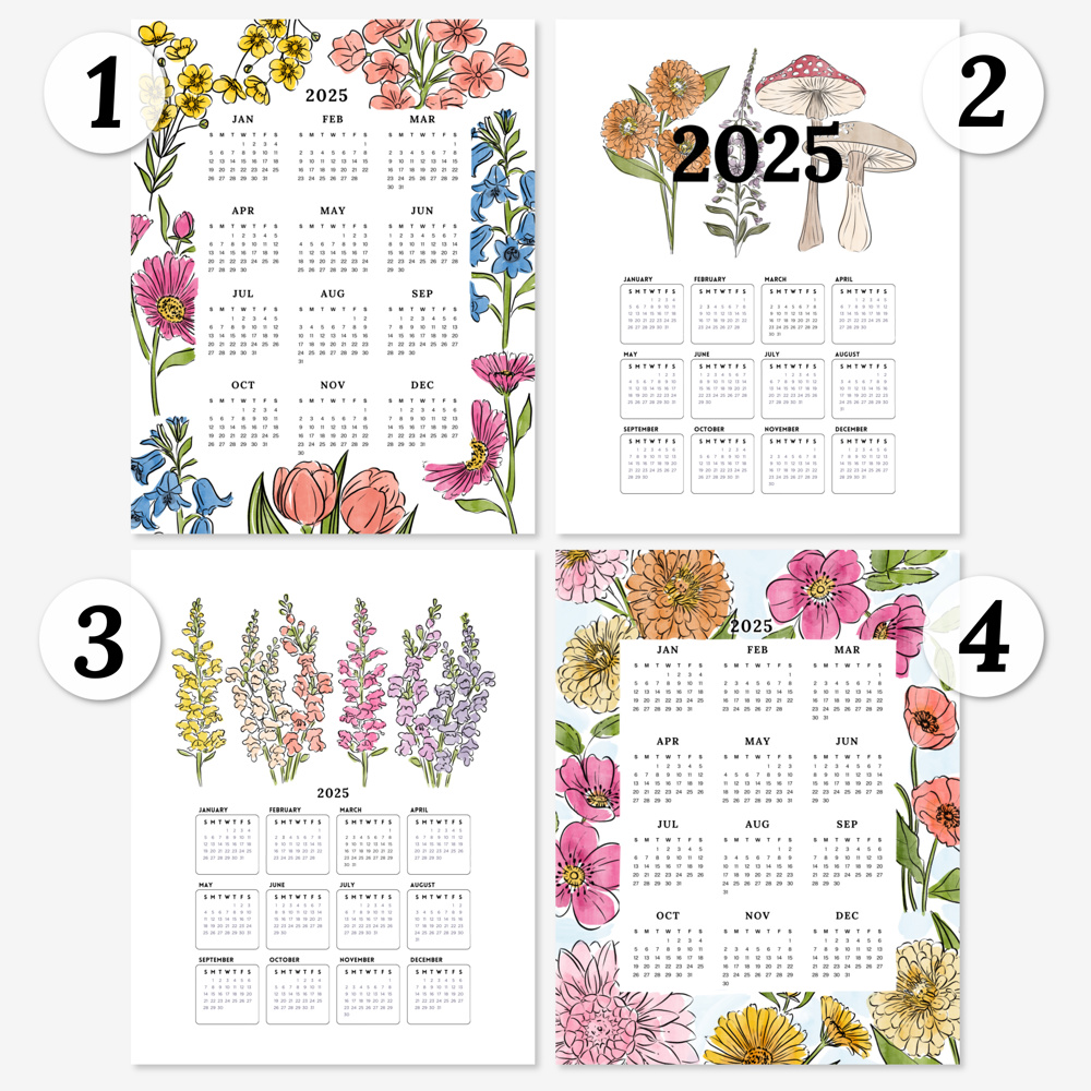 2025 At A Glance Calendar Prints | 12 Floral Options