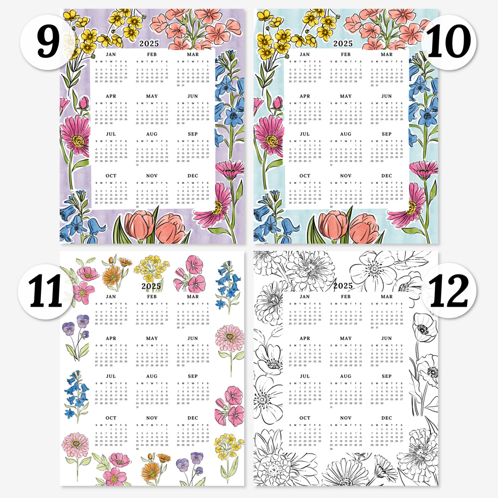 2025 At A Glance Calendar Prints | 12 Floral Options