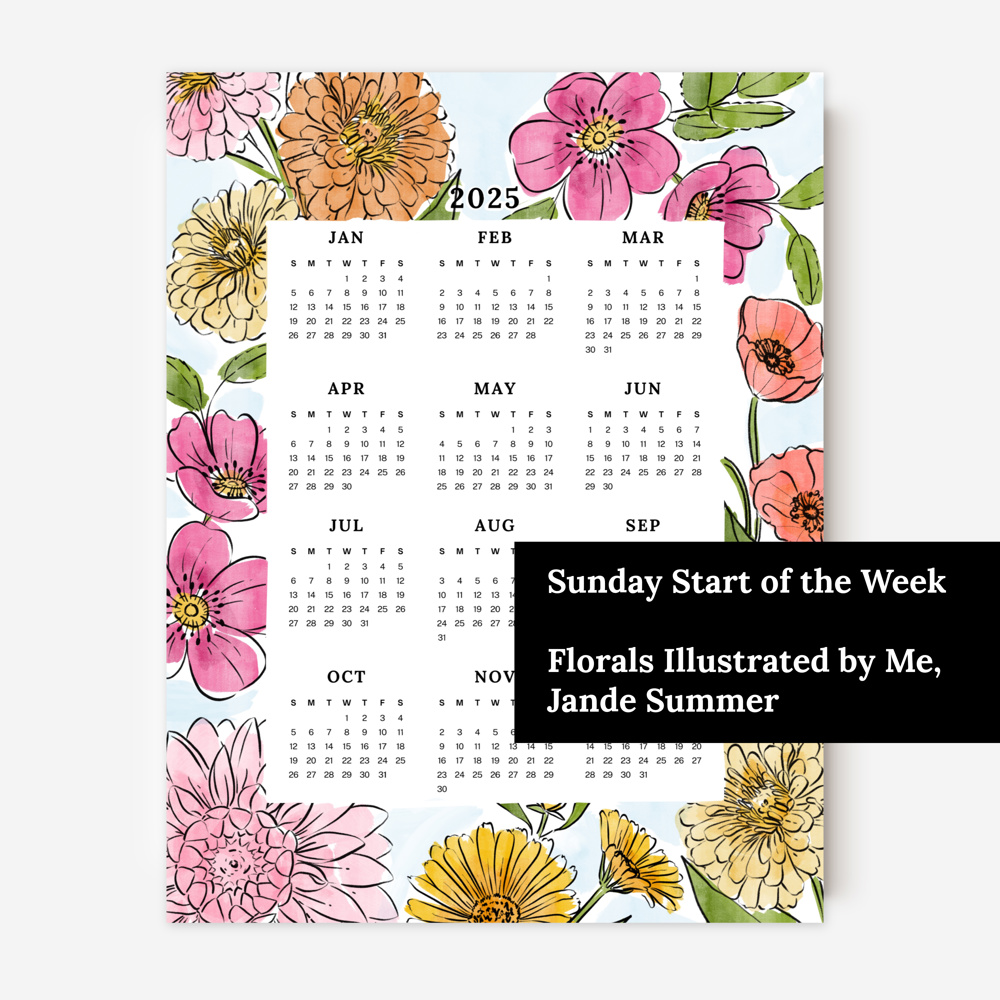 2025 At A Glance Calendar Prints | 12 Floral Options