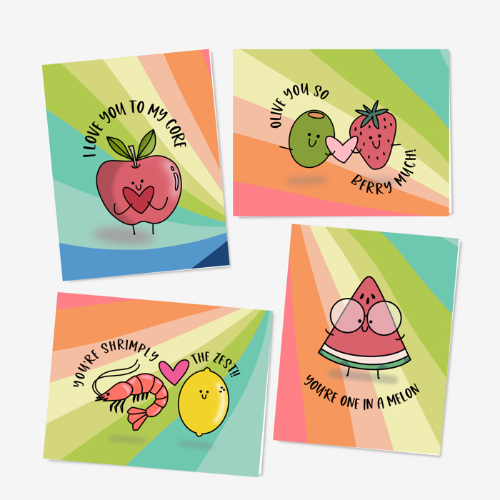 8 Pk Punny Valentines Cards with Envelopes - Blank Love Notes - Food, Love, Humor 