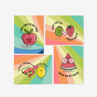 8 Pk Punny Valentines Cards with Envelopes - Blank Love Notes - Food, Love, Humor 