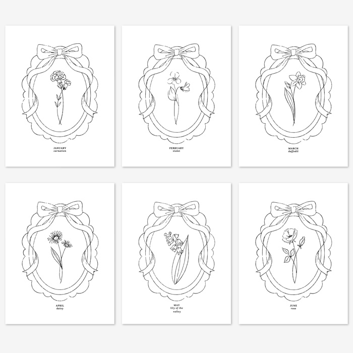 Birth Flower Prints | 2 Pk Simple Sketch Floral Wall Decor