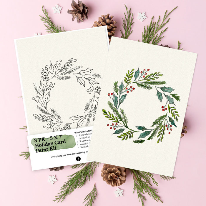 Paintable 5X7" Holiday Cards + Envelopes | 3 Pre-Sketched Christmas Note Cards | DIY Art Set