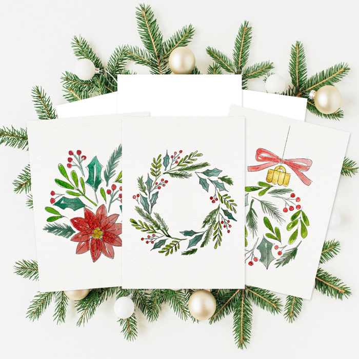 Paintable 5X7" Holiday Cards + Envelopes | 3 Pre-Sketched Christmas Note Cards | DIY Art Set