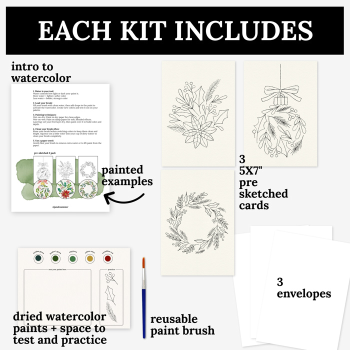 Paintable 5X7" Holiday Cards + Envelopes | 3 Pre-Sketched Christmas Note Cards | DIY Art Set