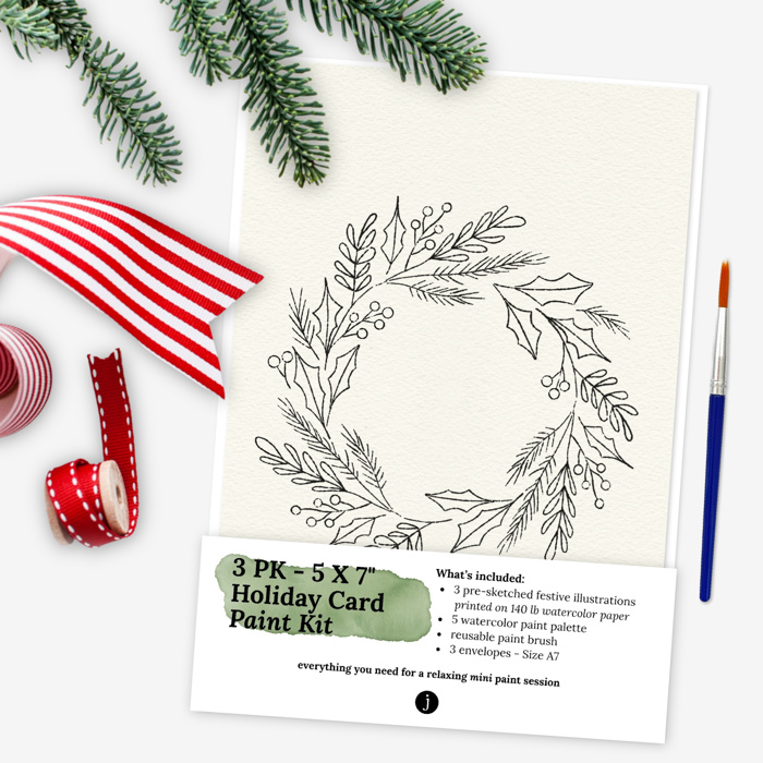Paintable 5X7" Holiday Cards + Envelopes | 3 Pre-Sketched Christmas Note Cards | DIY Art Set