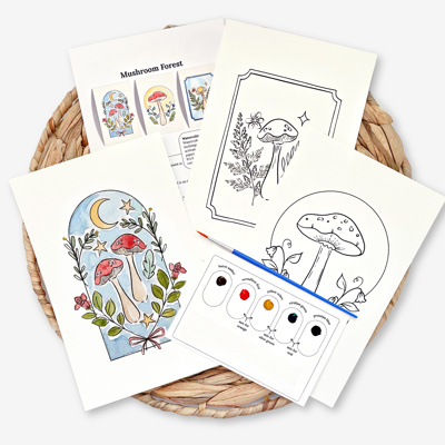 Mushroom Watercolor Paint Kit | 3 Mushroom Sketches, Brush & Palette