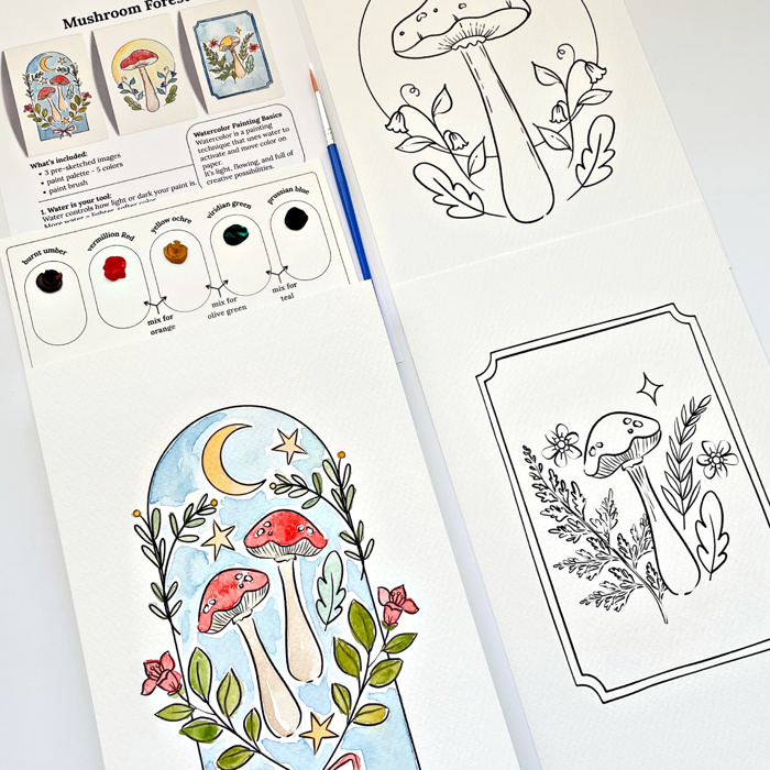 Mushroom Watercolor Paint Kit | 3 Mushroom Sketches, Brush & Palette