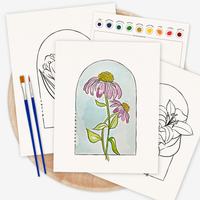 3 Pk All In One Watercolor Paint Kit | 8X10" Floral Outline 45 Options