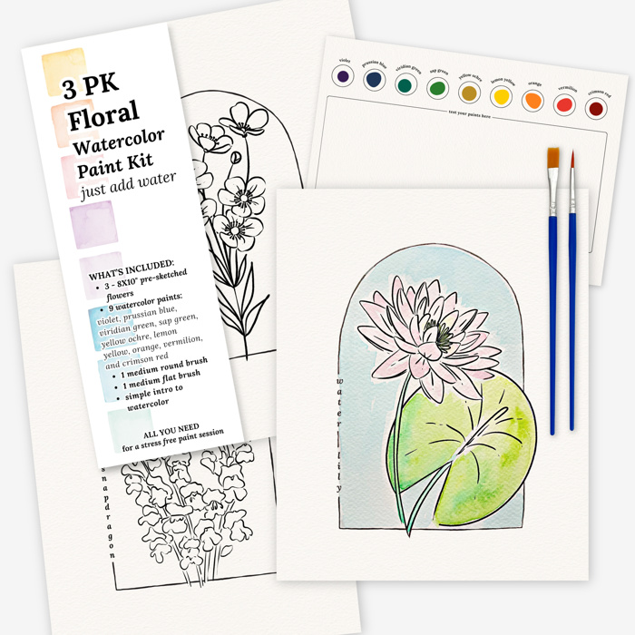 3 Pk All In One Watercolor Paint Kit | 8X10" Floral Outline 45 Options