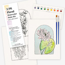  3 Pk All In One Watercolor Paint Kit | 8X10" Floral Outline 45 Options