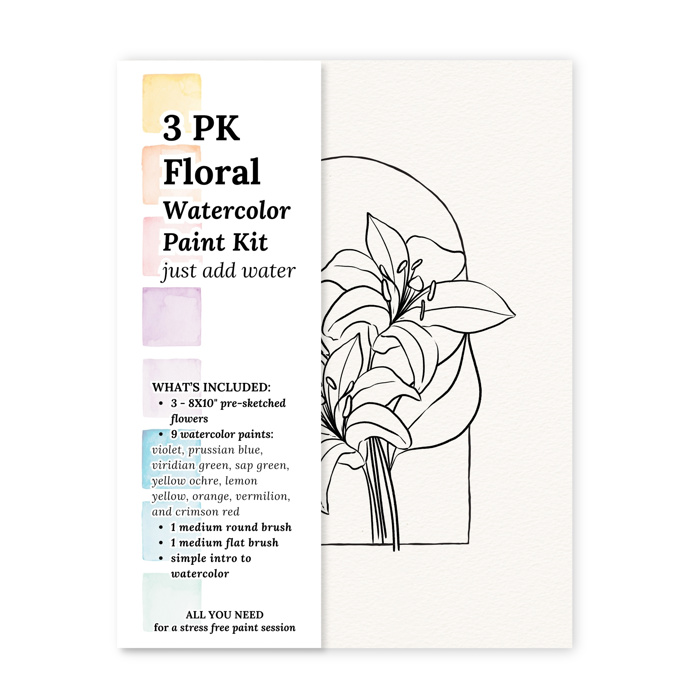 3 Pk All In One Watercolor Paint Kit | 8X10" Floral Outline 45 Options