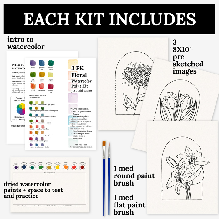 3 Pk All In One Watercolor Paint Kit | 8X10" Floral Outline 45 Options