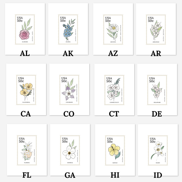 State Flower Stamp Prints | Hand Illustrated Watercolor Floral Art