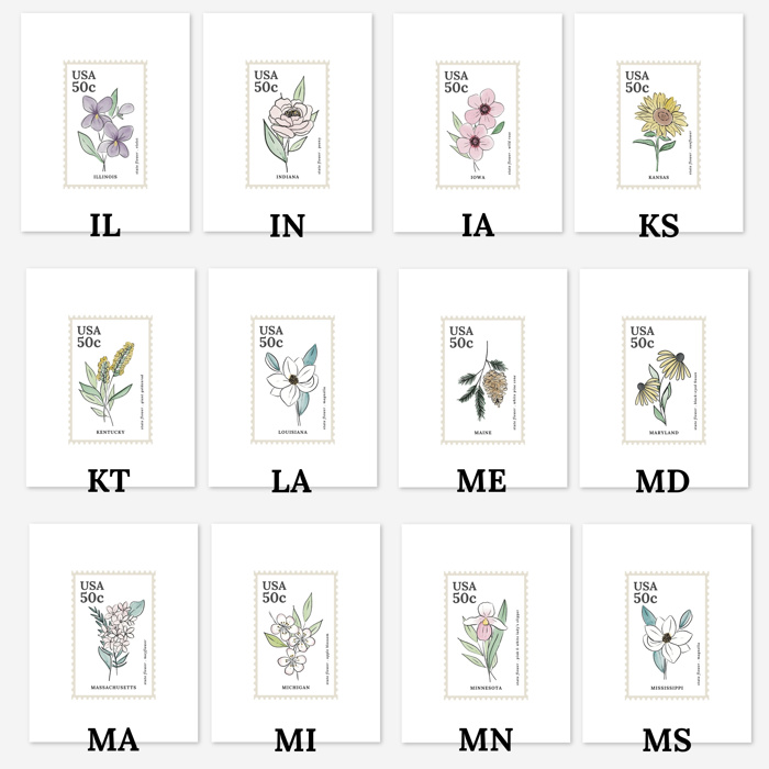 State Flower Stamp Prints | Hand Illustrated Watercolor Floral Art