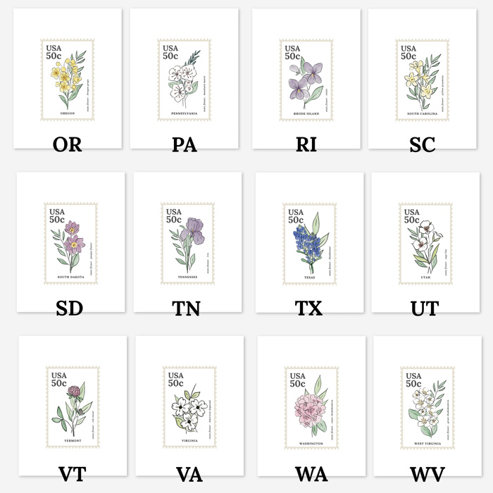 State Flower Stamp Prints | Hand Illustrated Watercolor Floral Art