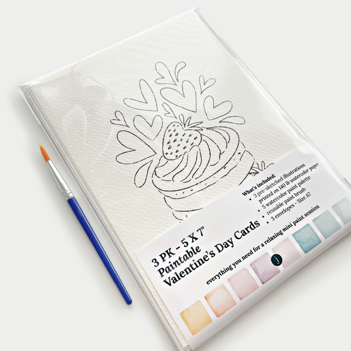3 PK Paintable 5X7" Valentine's Day Cards + Envelopes | Watercolor Paint Kit