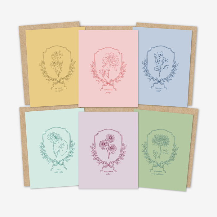 Pick 6 Birth Flower Cards + Envelopes | 9 Color Options | Blank Note Cards Floral Birthday Set