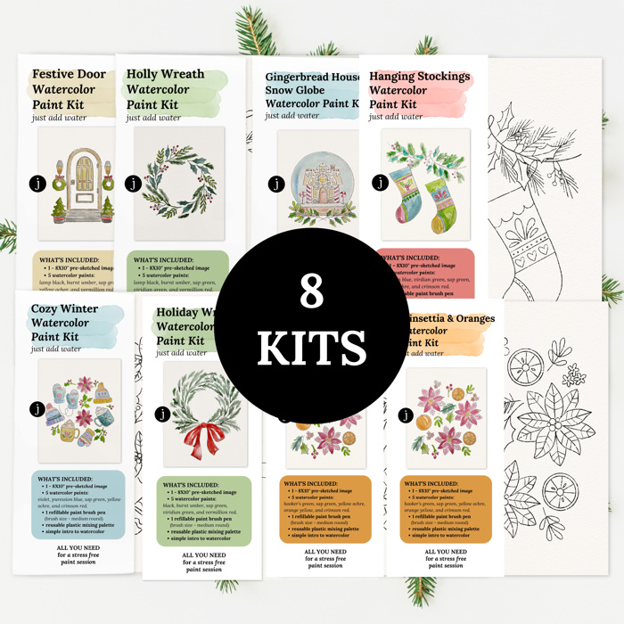 You Pick Winter Holiday Watercolor Kits 11 Options | Pre-Sketched Christmas Art Sets