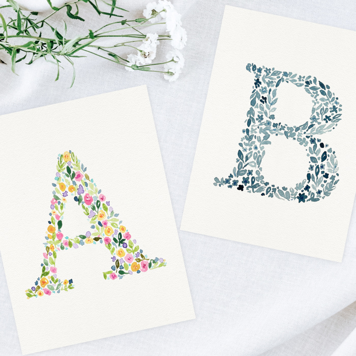 Hand Painted Wildflower Letter Art Monogram Floral Watercolor Print