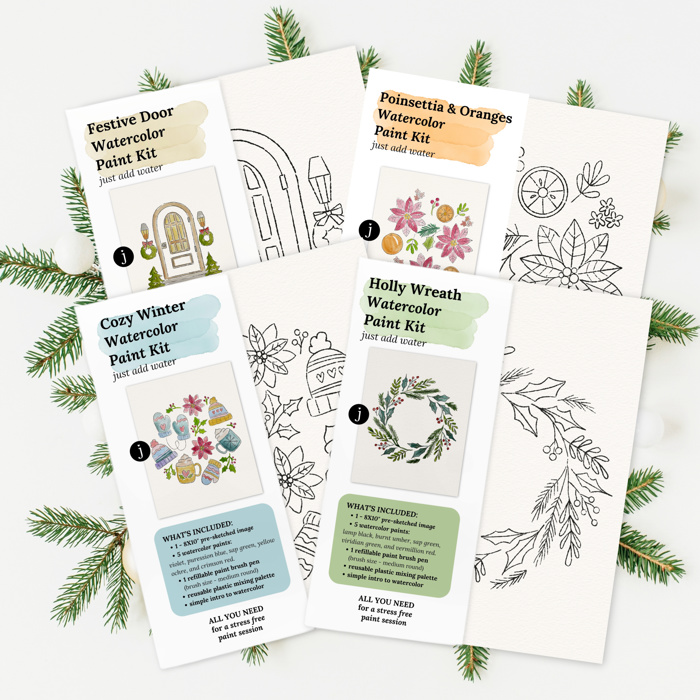 You Pick Winter Holiday Watercolor Kits 11 Options | Pre-Sketched Christmas Art Sets