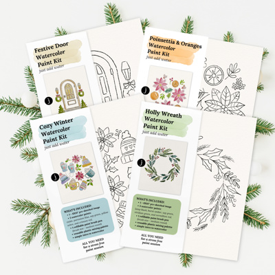 You Pick Winter Holiday Watercolor Kits 11 Options | Pre-Sketched Christmas Art Sets