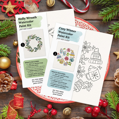 Christmas Watercolor Kit | Pre-Sketched Holiday Art Set