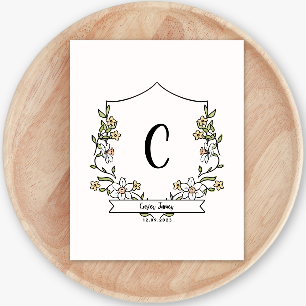 Birth Flower Initial Crest Print | Custom Name Monogram Art 