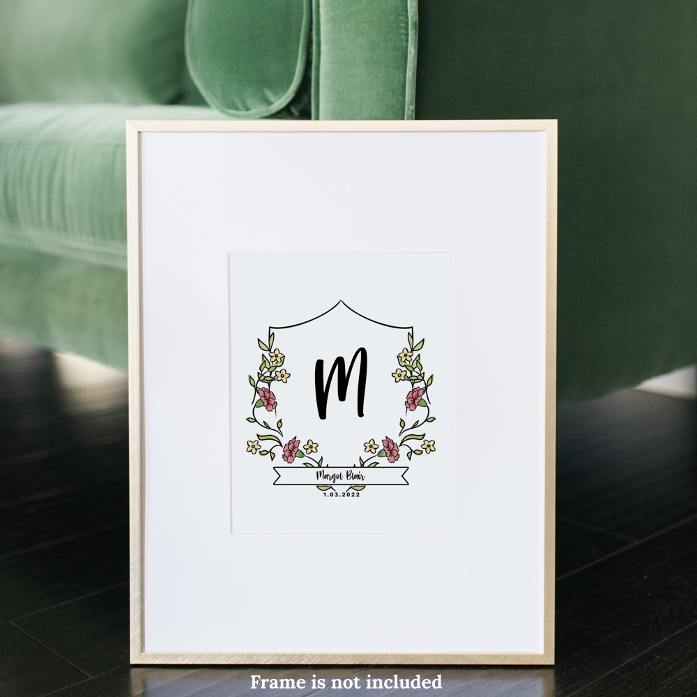 Birth Flower Initial Crest Print | Custom Name Monogram Art 