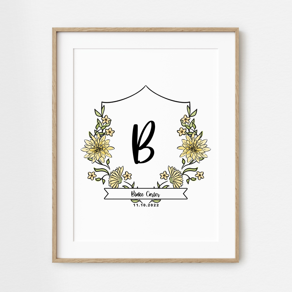 Birth Flower Initial Crest Print | Custom Name Monogram Art 