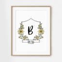  Birth Flower Initial Crest Print | Custom Name Monogram Art 