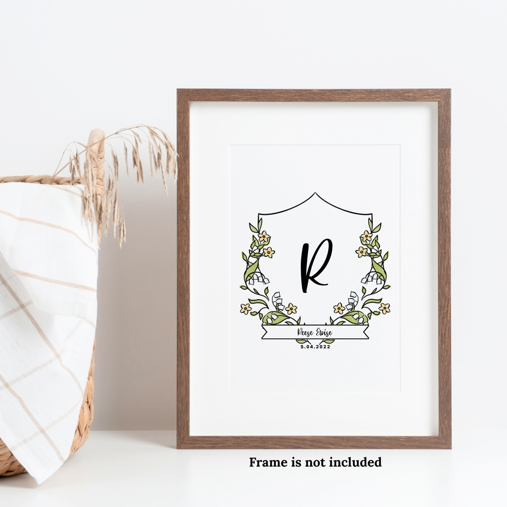 Birth Flower Initial Crest Print | Custom Name Monogram Art 