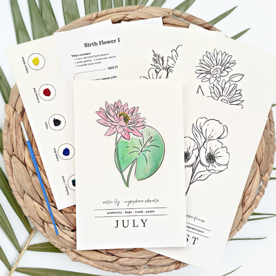 4 Pc Birth Flower Watercolor Paint Kit | Floral Sketches, Brush & Palette | 27 Options