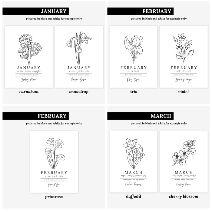 Hand Painted Birth Flower Personalized Name | Watercolor Floral Art