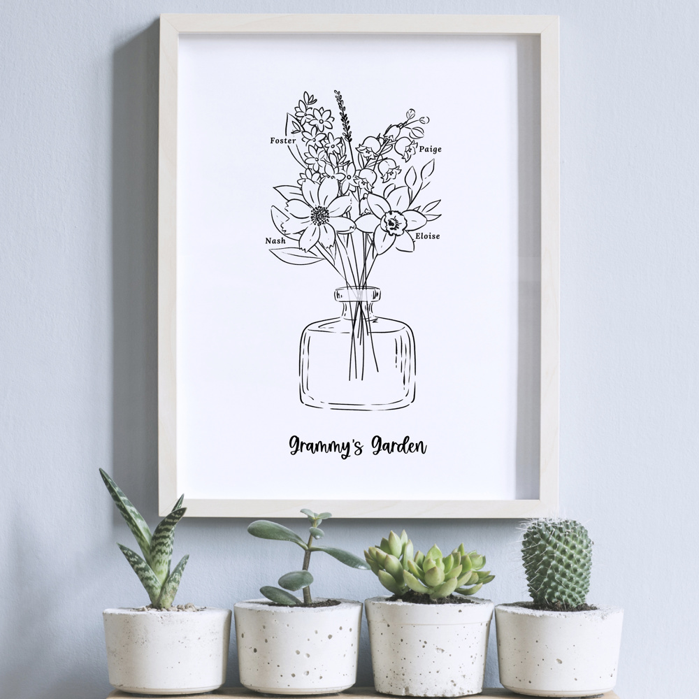 Birth Flower Bouquet Sketched Unframed Print | Up to 6 Flowers