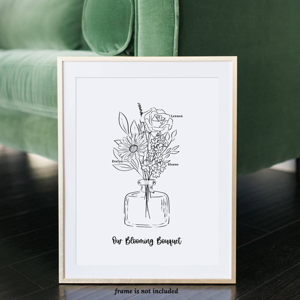 Birth Flower Bouquet Sketched Unframed Print | Up to 6 Flowers