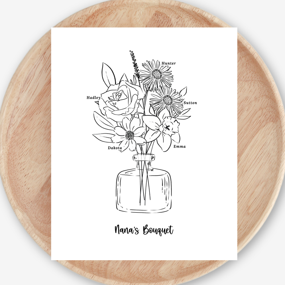 Birth Flower Bouquet Sketched Unframed Print | Up to 6 Flowers