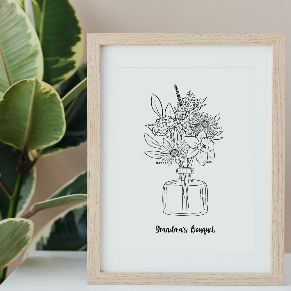 Birth Flower Bouquet Sketched Unframed Print | Up to 6 Flowers